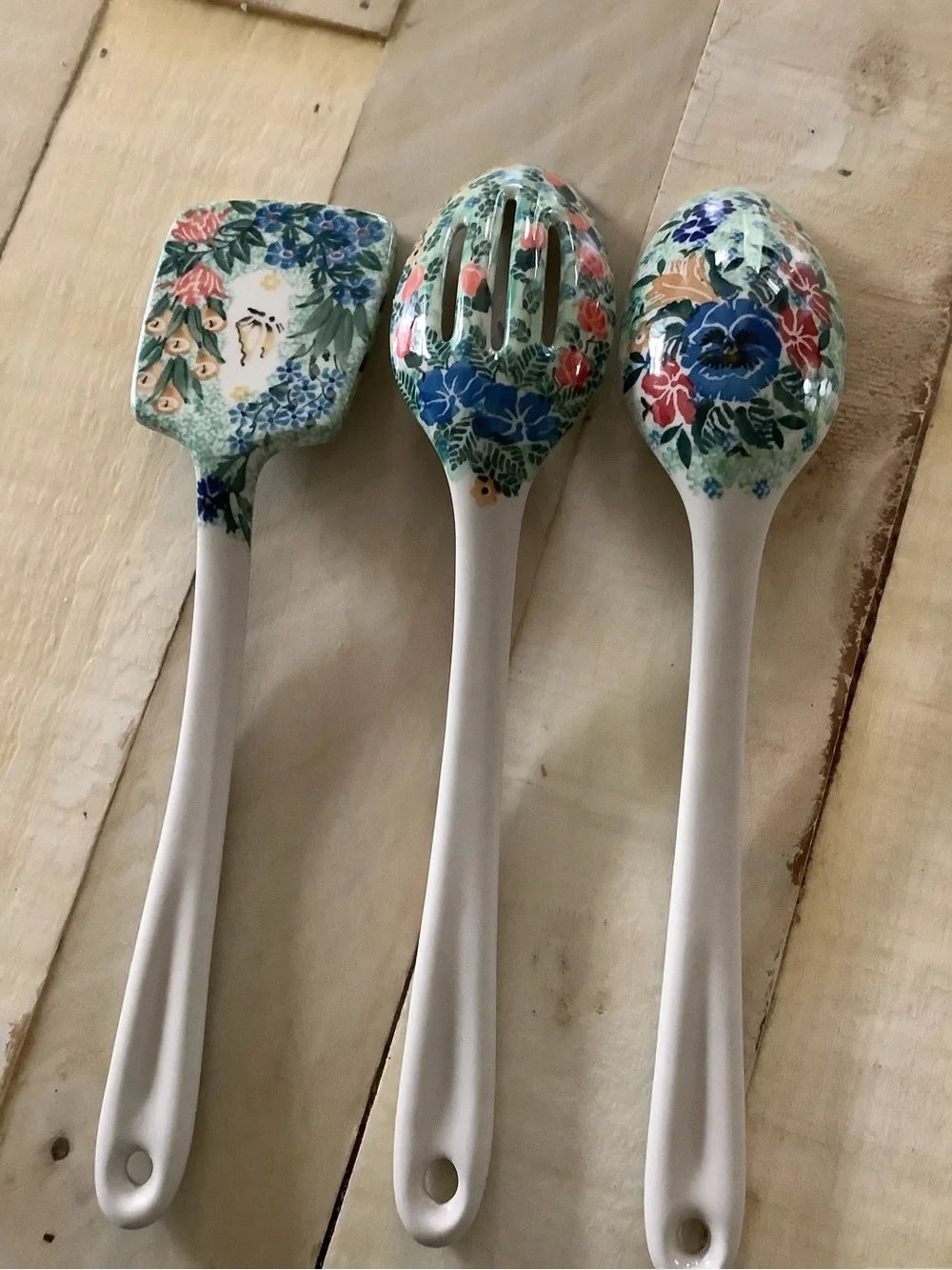 Lot Of 3 Three Polish Pottery UNIKAT serving Utensils Spoon 13”